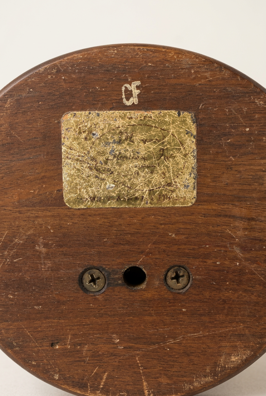 Underside of the wooden angelfish holder with a heavily worn gold foil label, white CF stamp, screws, and surface scratches.