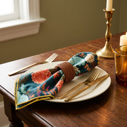 Rattan basketweave napkin ring holding a teal floral napkin on a cream plate beside gold-tone flatware and an amber glass.
