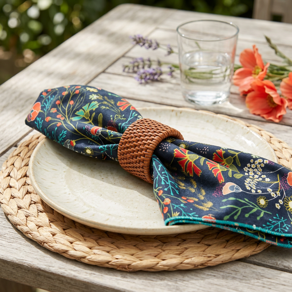 Brown woven napkin ring holding a navy botanical napkin on a ceramic plate over a braided placemat at an outdoor table.
