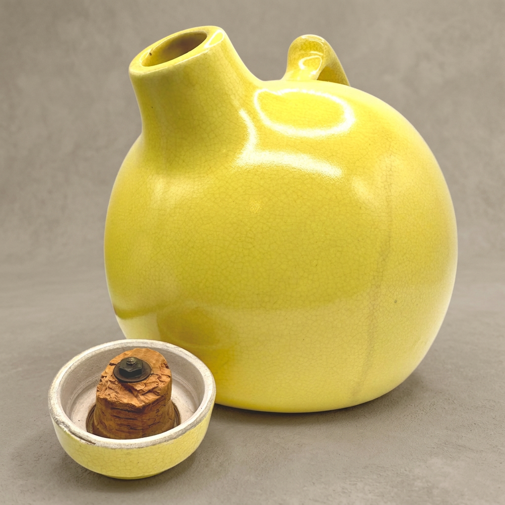 Yellow ceramic jug and detached worn cork stopper against a warm greige background
