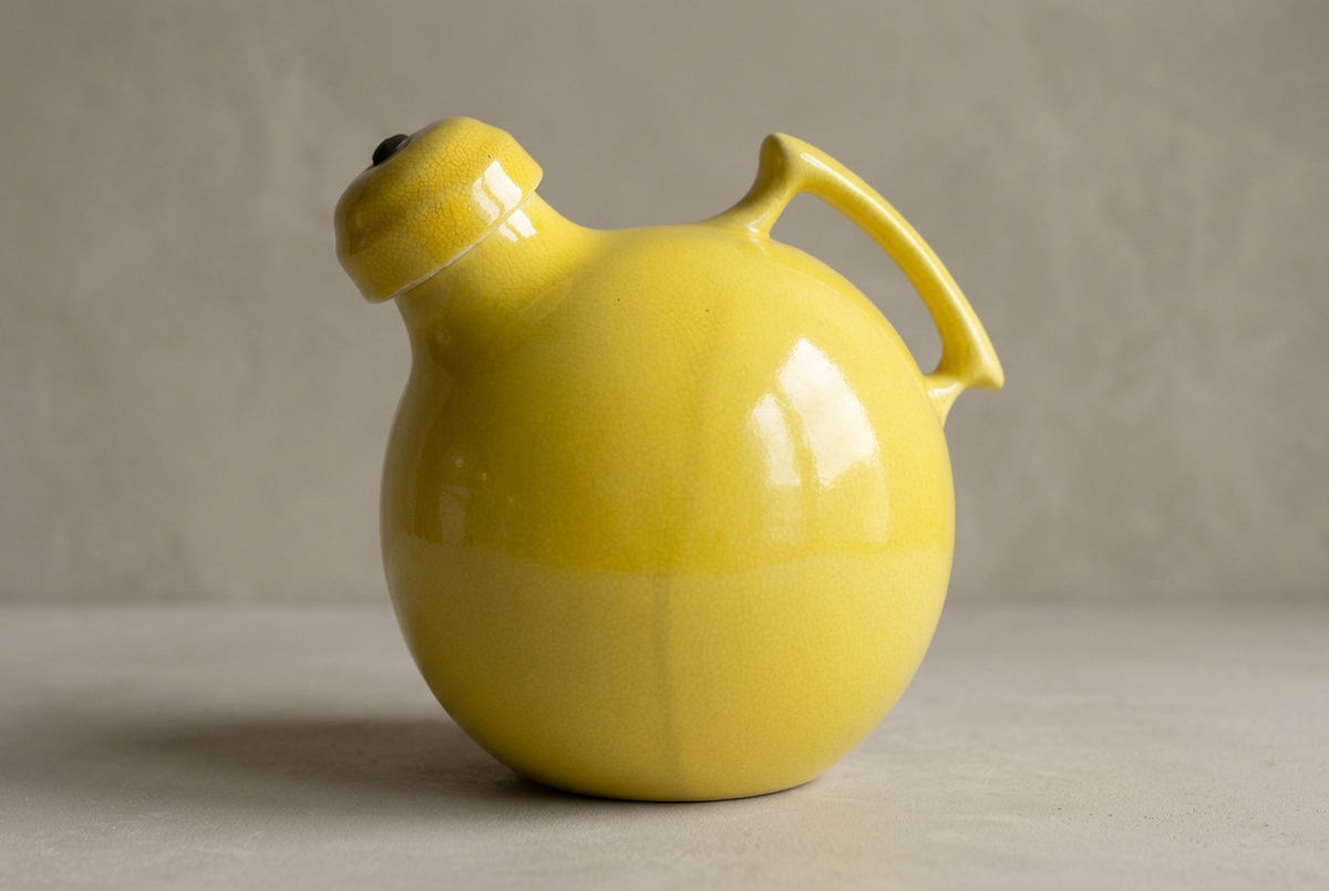 Yellow ceramic jug with warm greige studio background
