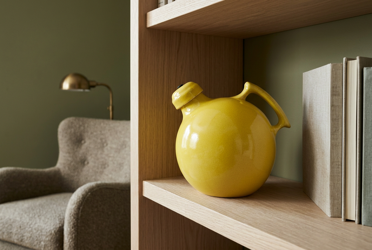 Yellow vintage ceramic jug styled on an oak bookshelf